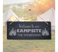 Stukk Welcome to Our Campsite The Thoresons Laser Hanging Sign, Natural Engraved Slate Stone Plaque, 30x12cm
