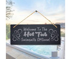 Stukk Welcome to The Hot Tub Swimsuits Laser Hanging Pool Sign, Natural Engraved Slate Stone Plaque, 30x12cm
