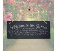Stukk Welcome Water Grass Hanging Flower Garden Sign, Natural Engraved Slate Stone Plaque, 30x12cm