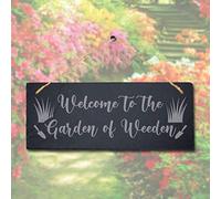 Stukk Welcome Weeeden Hanging Garden Allotment Sign, Natural Engraved Slate Stone Plaque, 30x12cm (Large)