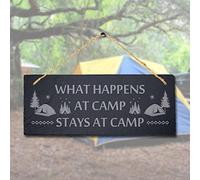 Stukk What Happens Stays at Camp Laser Hanging Sign, Natural Engraved Slate Stone Plaque, 30x12cm