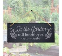 Stukk Will Be With You In Minute Hanging Garden Sign, Natural Engraved Slate Stone Plaque, 30x12cm