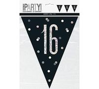 Stunning 16th Glitz Black & Silver Prismatic Plastic Flag Banner (274cm) - Elegant Decor for Memorable Celebration - 1 Pc