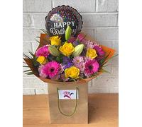 Stunning Birthday Bouquet with Balloon Gift Bag | Fresh Yellow Roses, Pink Gerberas, Lilies and Chrysanthemums | Florist-Designed Floral Arrangement for Birthday Delivery Celebration