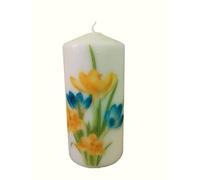 Stunning Blue and Yellow Crocus Floral Design Spring Flowers Wax Pillar Candle Beautiful Decorative unscented scentless Handcrafted Home Display Decor