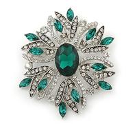 Stunning Bridal Emerald Green, Clear Austrian Crystal Corsage Brooch In Rhodium Plating - 60mm Length