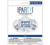 Unique Latex Balloons Stunning Clear Glitz Happy Birthday – Blue & Silver Confetti 30cm 6ct