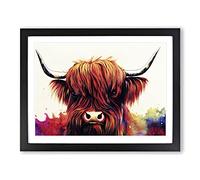 Stunning Highland Cow WHT Framed Print | A3 Black Framed Wall Art | Ready to Hang | Modern Animal Picture | Living Room Bedroom Lounge Office