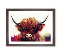 Stunning Highland Cow WHT Framed Print | A4 Walnut Framed Wall Art | Ready to Hang | Modern Animal Picture | Living Room Bedroom Lounge Office
