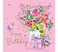 Stunning Ladies Happy Birthday Card Colourful Vase of Flowers with Pretty Gold Foil Detailing