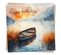 Stunning Lake Scene Happy Birthday Card - For Men, Women, Friend, Family - Boat & Lake Scenery