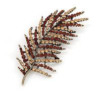 Stunning Large Crystal Leaf Brooch In Antique Gold Metal (Champagne/Amber Coloured) - 9cm Length