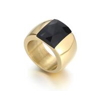 Stunning Large Square-Cut Glass Crystal Statement Cocktail Ring, Chunky Gold-tone Plated Stainless Steel Band for Women Men 10mm, Graduation Gift Jewellery Evening Party (Black, US9=S)