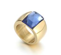 Stunning Large Square-Cut Glass Crystal Statement Cocktail Ring, Chunky Gold-tone Plated Stainless Steel Band for Women Men 10mm, Graduation Gift Jewellery Evening Party (Blue, US9=S)