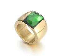 Stunning Large Square-Cut Glass Crystal Statement Cocktail Ring, Chunky Gold-tone Plated Stainless Steel Band for Women Men 10mm, Graduation Gift Jewellery Evening Party (Green, US8=Q)