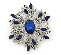 Stunning Navy Blue, Clear Austrian Crystal Corsage Brooch In Rhodium Plating - 60mm Length