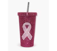 Stunning Pink Rhinestone Large Drinking Tumbler 17oz with lid and Metal Straw- Featuring a Beautiful Crystal Pink Ribbon Breast Cancer Support Awareness Design, Gift, Water Bottle