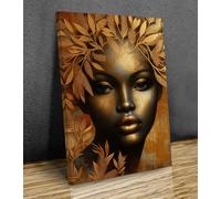 Stunning portrait of a beautiful woman, golden leaves, modern design, mounted canvas print ready to hang (16x12in(40cmx30cm))