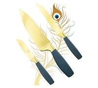 Stunning Satin Gold Coloured 3pce Kitchen Knife Set - 9cm Paring, 12cm Utility, 15cm Chef Knives. Ultra Modern, Razor Sharp, Titanium Coated, Stainless Steel Bladed Knives, Peacock Blue Handles