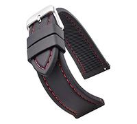 STUNNING SELECTION Soft and smooth sporty stitched silicone waterproof watch band with quick release - Soft rubber black watch strap 22mm - red stitching