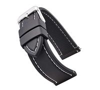 STUNNING SELECTION Soft and smooth sporty stitched silicone waterproof watch band with quick release - Soft rubber black watch strap 20mm - white stitching