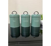 Stunning Set of 3 Green Tea, Coffee, Sugar Canisters - Lids With Black Handles - Modern, Kitchen Storage Jars for Freshness & Organization - Durable, Stylish Containers for Countertop or Pantry