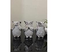 Stunning Set of 3 Wise Owls Ornaments Silver Ceramic Owl Figurines Hear See Speak No Evil Glitter Bling Crystal Sparkle Small Bird Sculptures Modern Home Decor