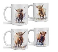 Stunning Set of 4 Highland Cow Mugs - Each Perfectly Printed Highland Cow Mug Features Watercolour Art of Highland Cattle Makes a Perfect Highland Cow Gift