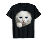Stunning White Cat Blue Eyes Peeking Through T-Shirt