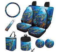 STUOARTE 10 Pack Car Interior Cover Sets, Sea Turtle Printed High Back Front Rear Seat Cover with Steering Wheel Protector Trash Can Air Vent Storage Bag Coaster, Universal Fits for Most Cars
