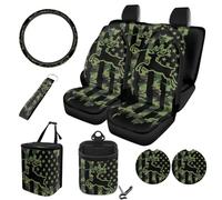 STUOARTE 10 Pcs American Flag Print Car Interior Cover Sets, Camo Deer Printed Soft Car Front and Back Seat Protector with Steering Wheel Cover Trash Can Air Vent Storage Bag Wristlet Keychain Coaster