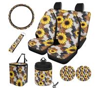 STUOARTE 10 PCS Car Interior Cover Sets for Women, Cow Sunflower Printed Car Front and Back Seat Protector with Steering Wheel Protector Trash Can Air Vent Storage Bag Cup Coaster Long Wrist Keychain