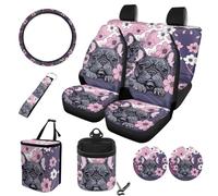 STUOARTE 10 PCS Car Seat Cover Full Sets, Pug Cherry Blossom Print High Back Front Rear Seat Protector with Steering Wheel Cover Coaster Trash Can Air Vent Storage Bag, Universal Fits Car Accessories