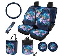 STUOARTE 10 Pieces Car Seat Cover Full Sets, Sea Turtle Flower Printed Front Bucket Seat Protectors with Split Bench Back Seat Covers with Steering Wheel Protector Trash Can Air Vent Storage Bag