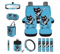 STUOARTE 15 Pcs Car Interior Accessories Set, Cat Guitar Printed High Back Car Seat Cover Sets for Women and Men, 15 Inch Steering Wheel Cover, Seat Belt Pads, Cup Coaster, Trash Can, Keychain