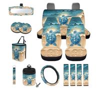STUOARTE 15 Pieces Car Interior Cover Sets, Beach Sea Turtle Printed Car Front Bucket Seat Protectors with Split Bench Back Seat Covers, Steering Wheel Protector, Seat Belt Pads, Universal Fits