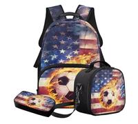 STUOARTE 3 Pcs American Flag Printed Schoolbag Set for Boys, Fire Soccer Print School Bag and Lunch Box Set, Lightweight School Backpack Set with Pen Case