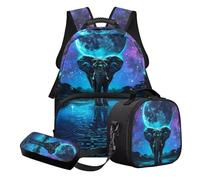 STUOARTE 3 Pcs School Bag Set with Lunch Bag and Pen Case, Galaxy Elephant Printed School Backpack Set for Primary Middle Students Travel Camping