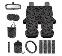 STUOARTE Bat Printed Automobile Seat Covers Sets of 15, Car Front&Rear Seat Cushion Protector with Steering Wheel Protector Seat Belt Cover Trash Can Air Vent Storage Bag Coaster, Halloween Decor
