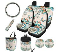 STUOARTE Butterfly Mandala Flower Printed Car Seat Cover Sets for Women, 10 Pieces, Includes Front Bucket Seat Protectors with Split Bench Back Seat Covers, Steering Wheel Protector, Coaster, Keychain