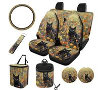 STUOARTE Cat Flower Printed Car Interior Accessories Sets, Front Bucket Seat Protectors with Split Bench Back Seat Covers for Cars, Soft and Elastic Steering Wheel Cover, Cup Coaster, Set of 10
