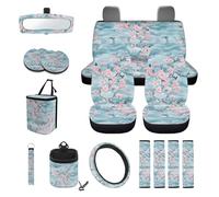 STUOARTE Cherry Blossom Printed Car Seat Cover Full Set of 15, Comfortable Breathable Car Front and Back Seat Protector, Steering Wheel Protector, Seatbelt Cover, Universal Fits Auto Accessories