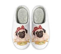 STUOARTE I Love Pug Slippers Cartoon Pug Dog Print Scuff Slippers Warm Non-Slip House Slippers Soft Slip On Cozy Indoor Slippers for Ladies Girls