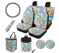 STUOARTE Sea Turtle Plumeria Print 10 Piece Car Seat Cover Full Sets, Front Bucket Seat Protectors with Split Bench Back Seat Covers for Cars, 15 Inch Steering Wheel Cover, Cup Coaster, Keychain