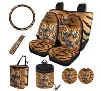 STUOARTE Tiger Printed 10 Pcs Car Seat Cover Full Sets, Soft Car Front Back Seat Cushion Protector with Steering Wheel Cover Trash Can Air Vent Storage Bag Wristlet Keychain Coaster, Universal Fits