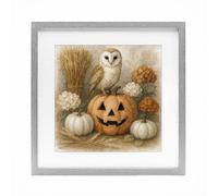 Stupell Industries Autumn Harvest Owl & Jack-o-Lantern Gray Framed Print Under Glass, design by Antony Smith, 16 x 16