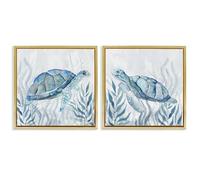 Stupell Industries 'Subtle Smiling Sea Turtles', 2pc Floating Frame Art Set 2, Gold, 18 x 18 Inches, Easy to Hang and Sturdy, Made in USA, by Janet Tava
