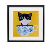 Stupell Industries Teacup Kitten on Yellow Black Framed Print Under Glass design by Planet Cat by Angie Rozelaar, 13 x 13