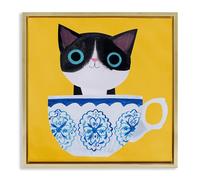 Stupell Industries Teacup Kitten on Yellow Gold Framed Floater Canvas Wall Art design by Planet Cat by Angie Rozelaar, 18 x 18