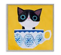 Stupell Industries Teacup Kitten on Yellow Gray Framed Giclee Art design by Planet Cat by Angie Rozelaar, 12 x 12